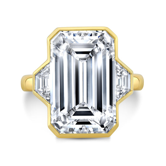 Three Stone Ring with Trapezoid Side Stones, Single Bezel Set (Yellow Gold) IP1653